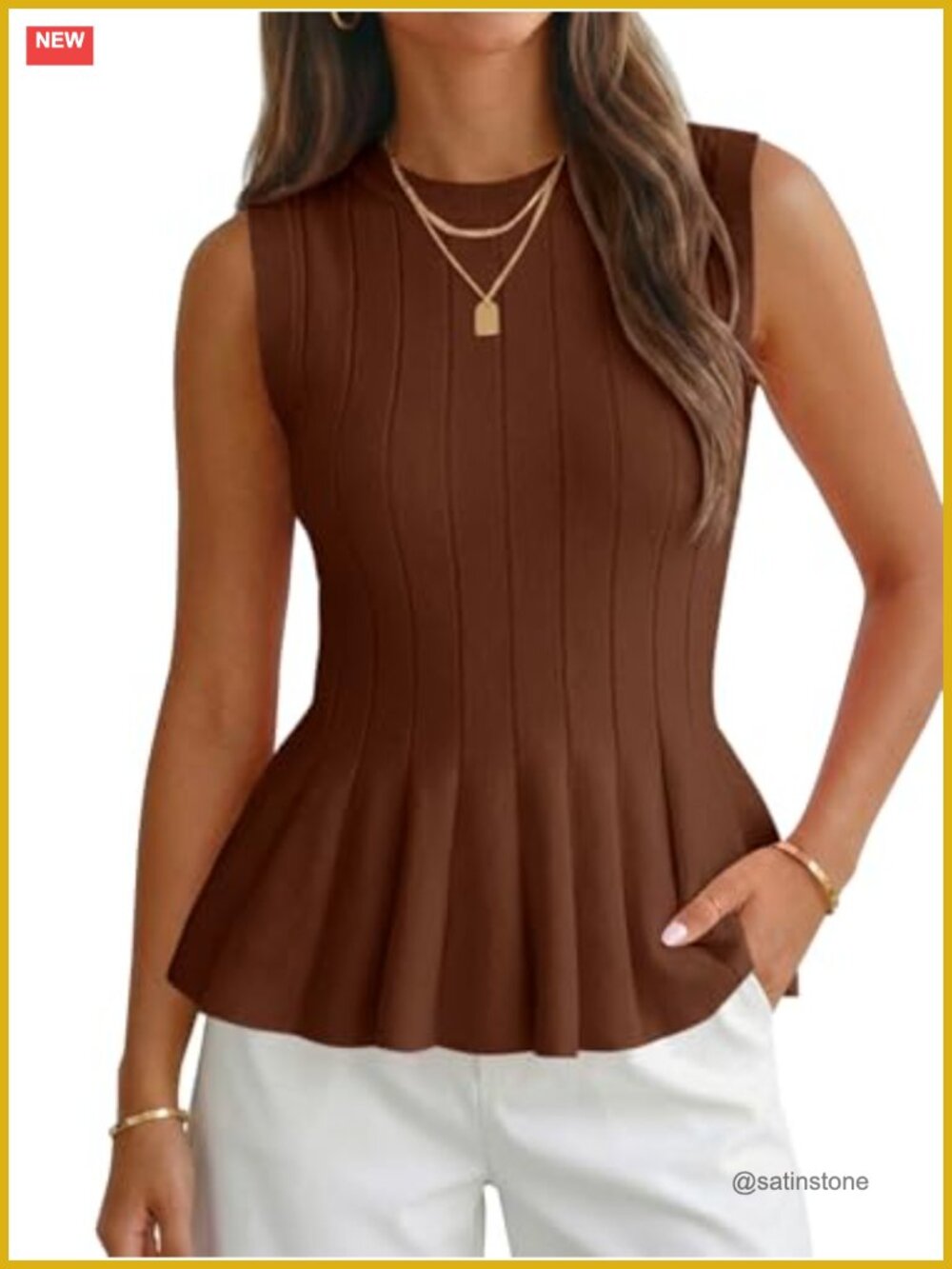 Pleated Peplum Tank Top Fitted Ribbed Knit Blouse Women's